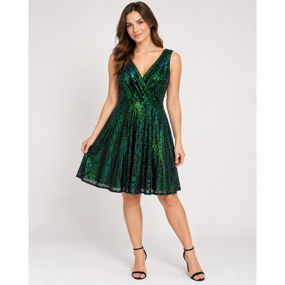 Grace Karin Sequin Dress S Green Blue V-Neck Fit Flare Iridescent Cocktail Party
